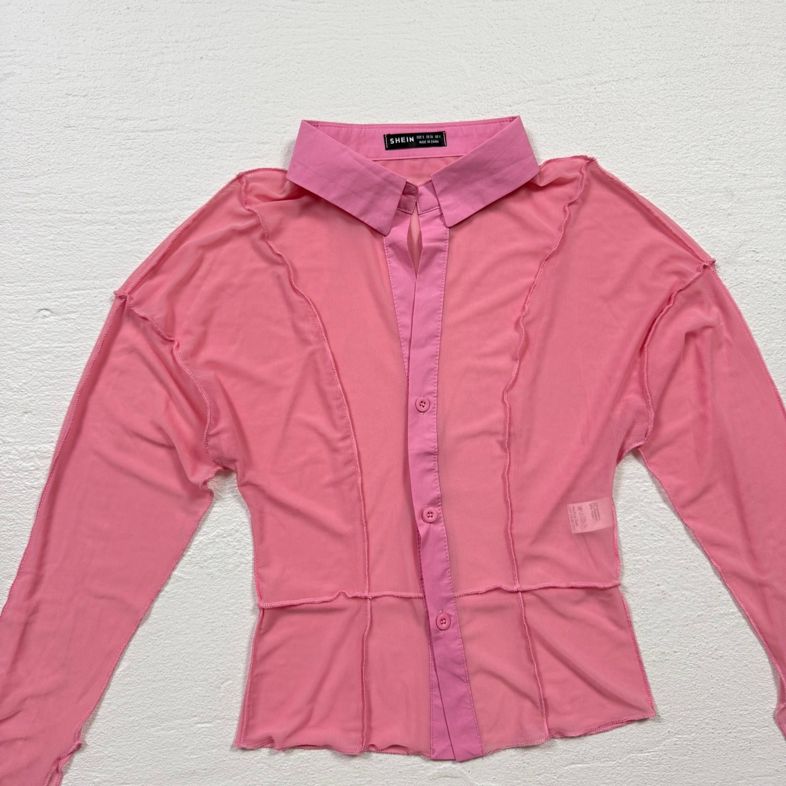 Shein Mesh Patchwork Button Up Pink Long Sleeve T… - image 2