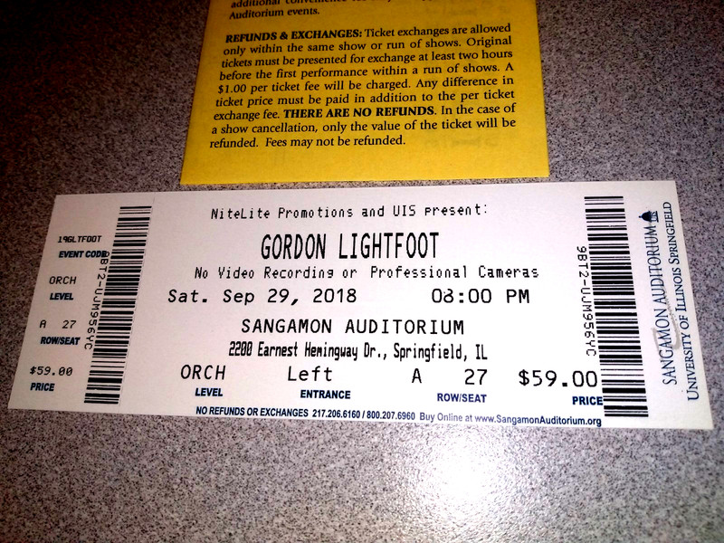 Gordon Lightfoot Unused Concert Ticket  Rare 9/29/18