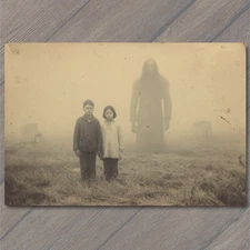 Art Print Foggy Field Children Shadowy Giant Figure Ominous Surreal Eerie Mood