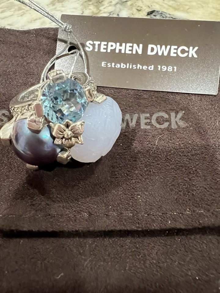 Кольцо Stephen Dweck с черным жемчугом, резным кварцем и голубым топазом размер 7 серебристое - Изображение 2 из 4