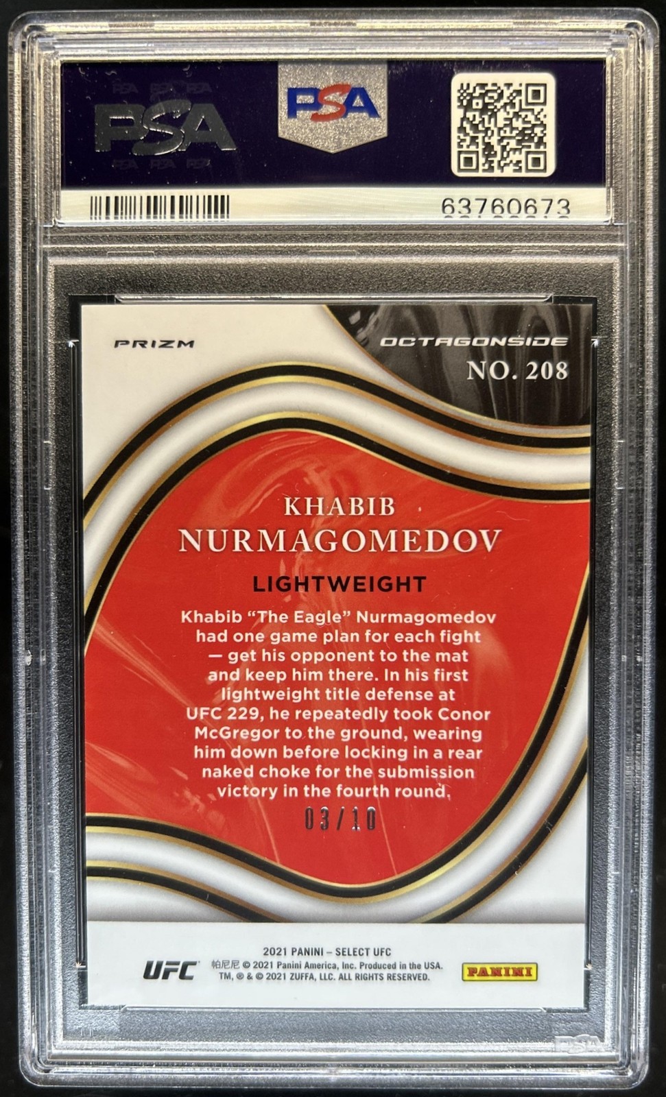 2021 Select UFC Khabib Nurmagomedov Gold Disco Prizm Octagonside #/10 PSA 10 view 2