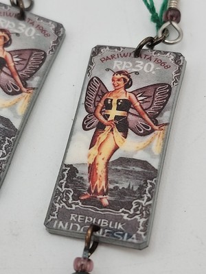 Whimsical Fairy Indonesia Postage Stamp Beads Pierced Dangle Art Earrings