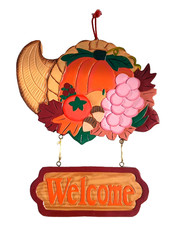 Wood Harvest Cornucopia Welcome Sign Fall Door Wall Decor Thanksgiving 13" VGC