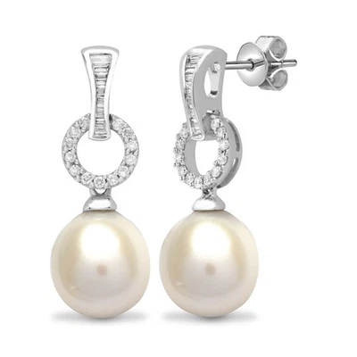 18ct White Gold Jewelco London Diamond Pearl Pearl Full Moon Drop Earrings - Image 1 of 3