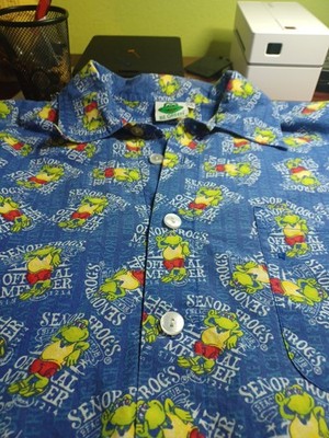 Be Green Senor Frogs Shortsleeve Blue Covered With Frogs Mens 2XL  Button  Shirt
