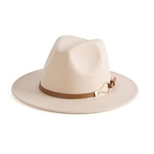 Fashion Women Wide Brim Fedora Floppy Panama Hat with Belt Buckle Medium Beige