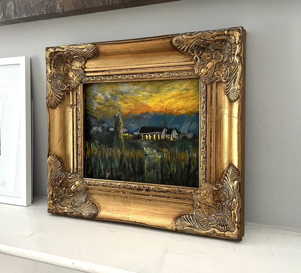 Pintura al óleo original Blue Ridge Sunset Mountains paisaje occidental con marco dorado Foto 3 de 4