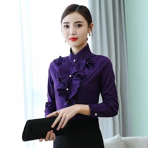 Camisa Blusa Top Oficina Dama Cuello Alto Volantes Manga Larga Calce Ajustado Formal - Imagen 9 de 23