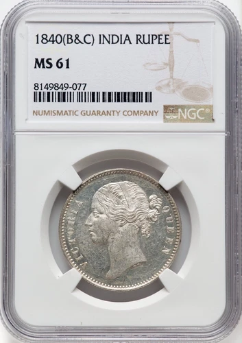 INDIA BRITISH VICTORIA 1840 RUPEE SILVER COIN UNCIRCULATED NGC CERTIFIED MS61
