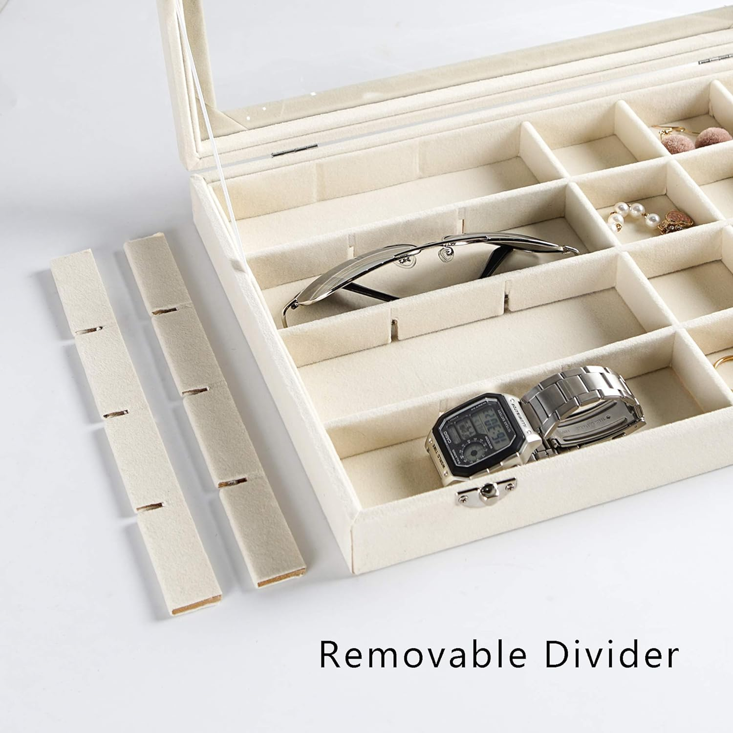 Jewelry Organizer Tray with Clear Lid 24 Grid Velvet Drawer Insert for Storage-image