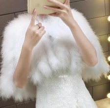 Womens Cloak Ostrich Feather Shawl Real Fur Tassel Trim Poncho Bride Cape White
