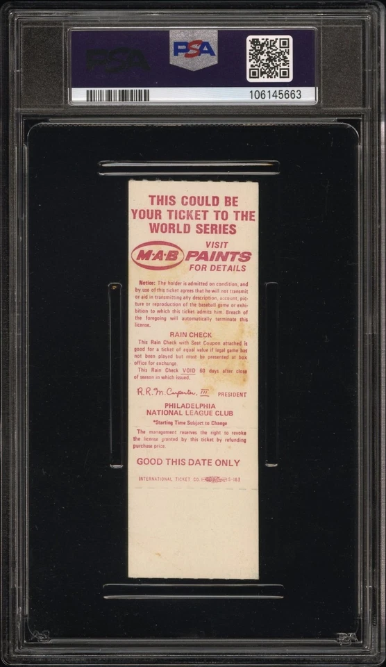 1978 PHILA. PHILLIES-STUB STUB PHILLIES-3 PIRATES-1 AUG.10 JOHN MILNER 1-3 PSA 5 - Image 3 of 3