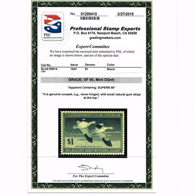 EXCELLENT GENUINE SCOTT RW14 MINT OG NH PSE CERT GRADED XF-90 APPARENT ...