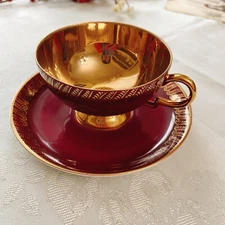 RW Bavaria germany burgundy Cranberry  Heavy Gold Rose Teacup & Saucer