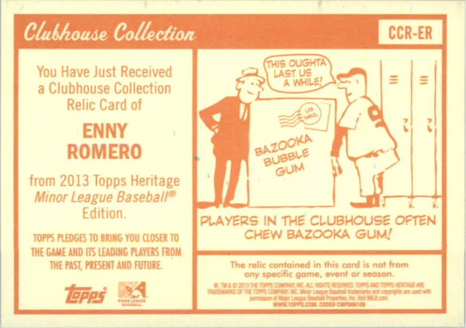 2013 Topps Heritage Minors Clubhouse Collection Relics #ER Enny Romero Jersey - Image 2 of 2