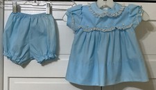 VINTAGE ALEXIS 9M BLUE W/ WHITE LACE BABY DRESS AND DIAPER COVER USA EUC