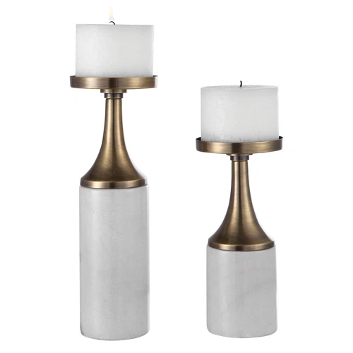 Minimalist Gold Brass White Marble Candle Holders Set 2 | Classic Pillar Column - Picture 1 of 3