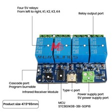 DC5V 4CH Infrared Wireless Remote Control WiFi Relay Module Self-locking Type-C