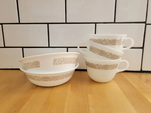 Vintage CORNING Woodland Brown 2- CORELLE Cereal Bowls & 3- PYREX Tea Cups Mugs