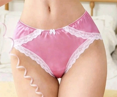 💖 Pink Silky Feel Satin Lace Glossy Full Bum Panties Knickers Sissy XL UK 16 - Image 1 of 4