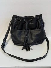 ILI New York Genuine Leather Black Drawstring Shoulder Bag 8 1/2"