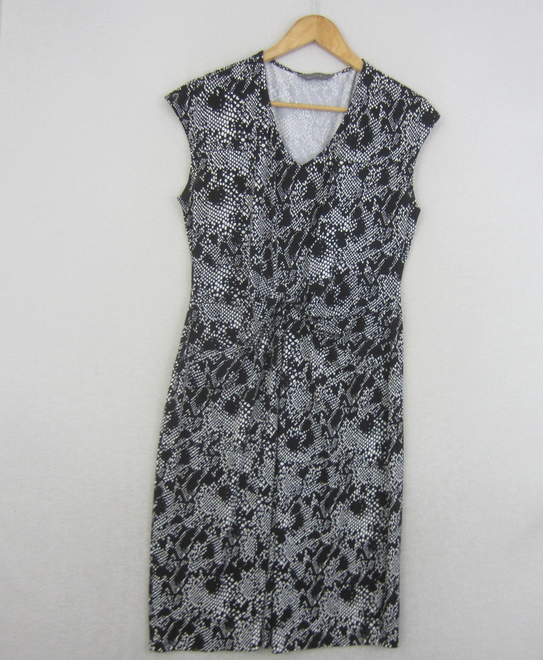 Jacqui E Dress Womens Medium Black White Geometric Sleeveless Stretch Work Casua