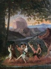 Antico dipinto olio ninfe satiro treno baccante treno trionfale classicismo romanticismo