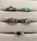 Lot of 5 Vintage Sterling Silver Rings Bands w/ Gems Marcasites