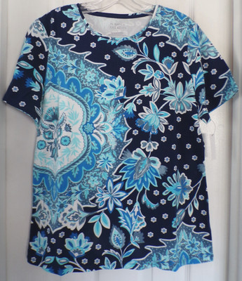 NWT NEW SUMMER TALBOTS SZ LARGE MEDALLION GARDEN TEE NAVY / BLUE MULTI $44.50