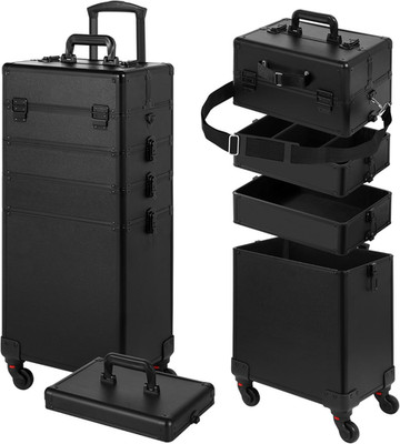 Rolling Makeup Case, Makeup Train Case with Lid, 5 in 1 Cosmetology Case on Whee