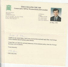 Letter, Envelope  and Political Pamphlet Sheet of Tim Collins Conservative MP