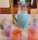 Vintage Blendo Frosted Pastel Pitcher & 6 Tumblers Set West Virginia Glass 1950s — photo 2