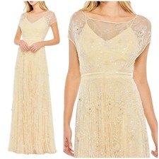 Mac Duggal NWT Yellow Embellished Beaded Illusion Cap Sleeve Gown Size 14 V-Back