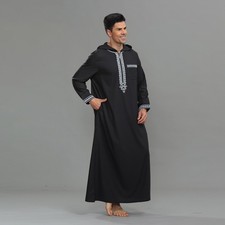 Saudi Muslim Men Embroidery Hooded Dishdasha Thoub Thobe Abaya Kaftan Long Dress
