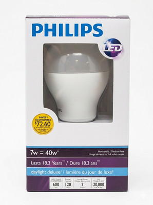 Philips P-430413 (BC7A19/VIS/6500 120V-LT) LED A19 Daylight Deluxe Bulb