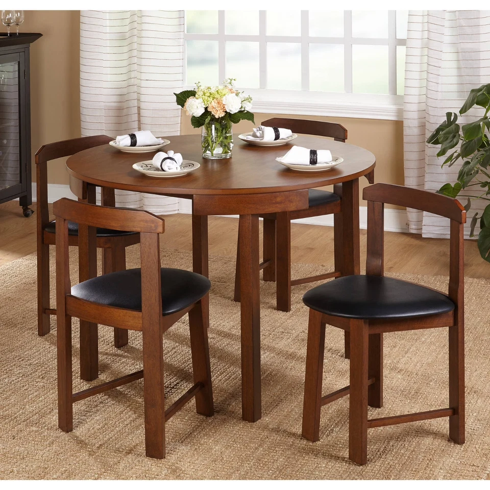 Compact Dining Set 5 Piece Round Walnut Kitchen Small Table Wood Space Saving - Image 4 of 4