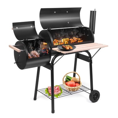 Charcoal Grill and Offset Smoker, Outdoor Patio Barbecue Cooker with Wheels