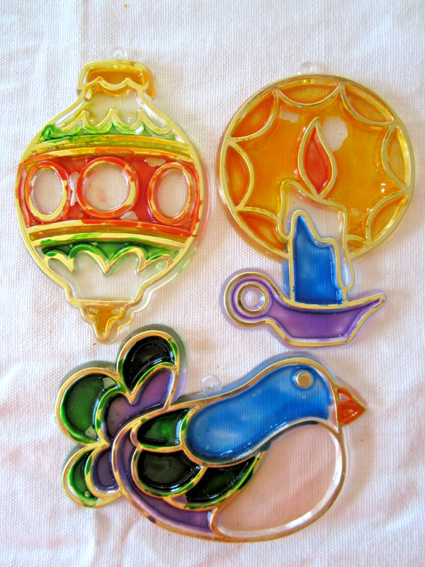 Vintage Lot of 3 Christmas Suncatcher Ornaments Flat Plastic Stain Glass Look