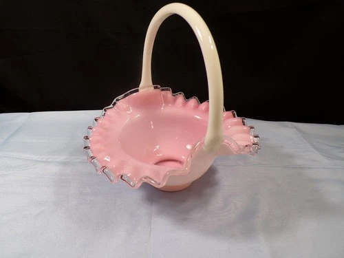 Fenton Milk Glass Pink Interior Peach Crest Basket 7 1/4" Tall