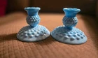 Pair of Fenton Blue Marble Slag Hobnail Single Light Candlesticks