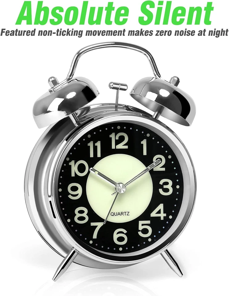 Loud Alarm Clock for Heavy Sleepers, Twin Bell, 4 Inch Silent Non-Ticking, Silve - Image 2 of 4