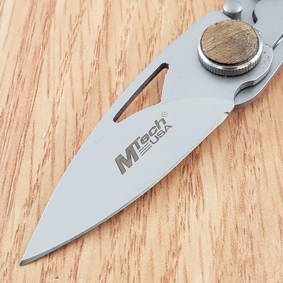 MTech Framelock Folding Knife Stainless Steel Blade Stainless And Wood Handle - Image 3 of 4
