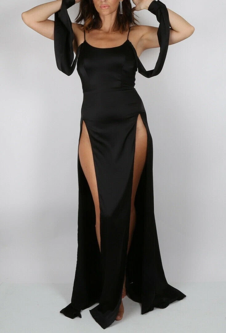 ABYSS Black Silk High Double Slit Halter Neck Backless Maxi Dress