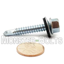 #14 Tek Roofing Screws, HWH w/ Bonded EPDM Washer, Zinc #3 Point Self-Drilling