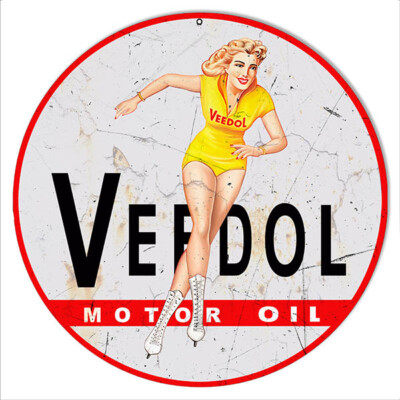 VEEDOL MOTOR OIL PINUP GIRL 14'' ROUND HEAVY DUTY USA METAL GAS AGED ADV SIGN