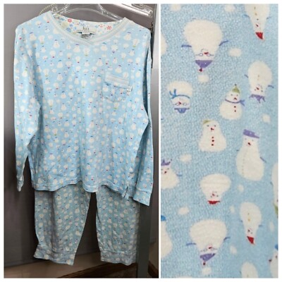 Women Flannel Pajamas PJs Karen Neuburger L Cotton Blend Snowman Blue White  Pc