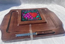 Vintage Wooden Cheese Board Tray with Fruit Center Tile