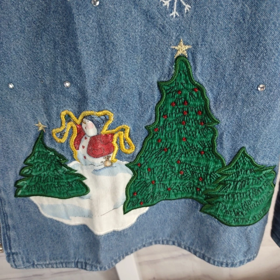 Quacker Factory Winter Snowman Scene Denim Shirt Jacket w/ Zipper Pull Sz Medium - Image 3 of 4