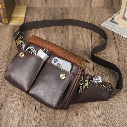 Contacts Flap Style Men's Leather Waist Bag Chest Bag Crossbody Bag For Charger - Picture 6 of 9