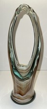 11.5  MCM Swirl Art Glass Stretched Vase Basket Hand Blown Brown White Clear